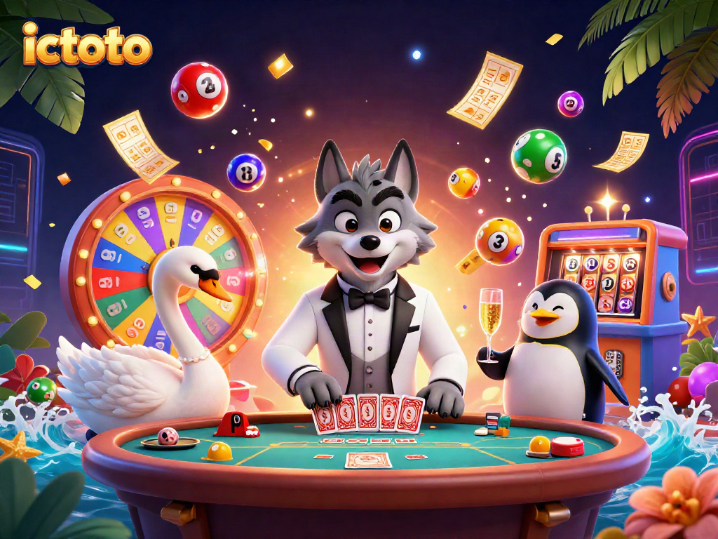 Gambarlah suasana casino menegangkan di ictoto dengan karakter hewan kartun.