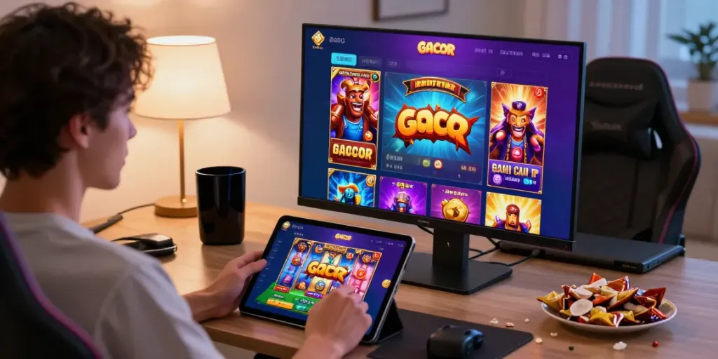 Exciting slot gacor games displayed on a vibrant tablet in a cozy gaming environment.