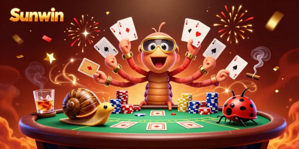 Catch the thrill of Sunwin with a lively scene featuring a millipede dealer and high-roller characters at the poker table.