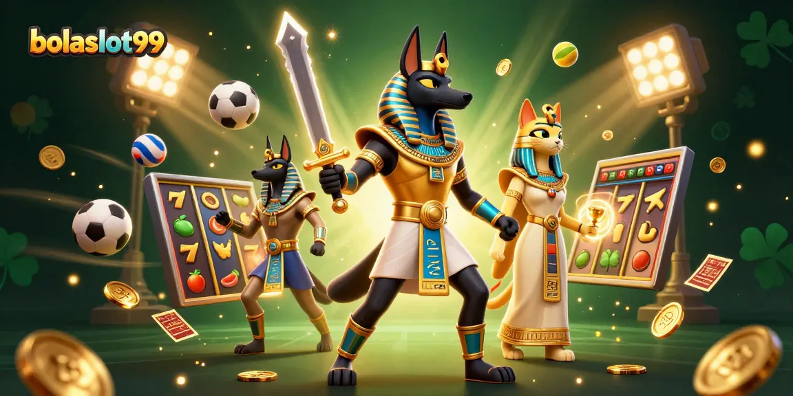 Bolaslot99 celebrates slot games with an action-packed scene featuring Anubis and Bastet.