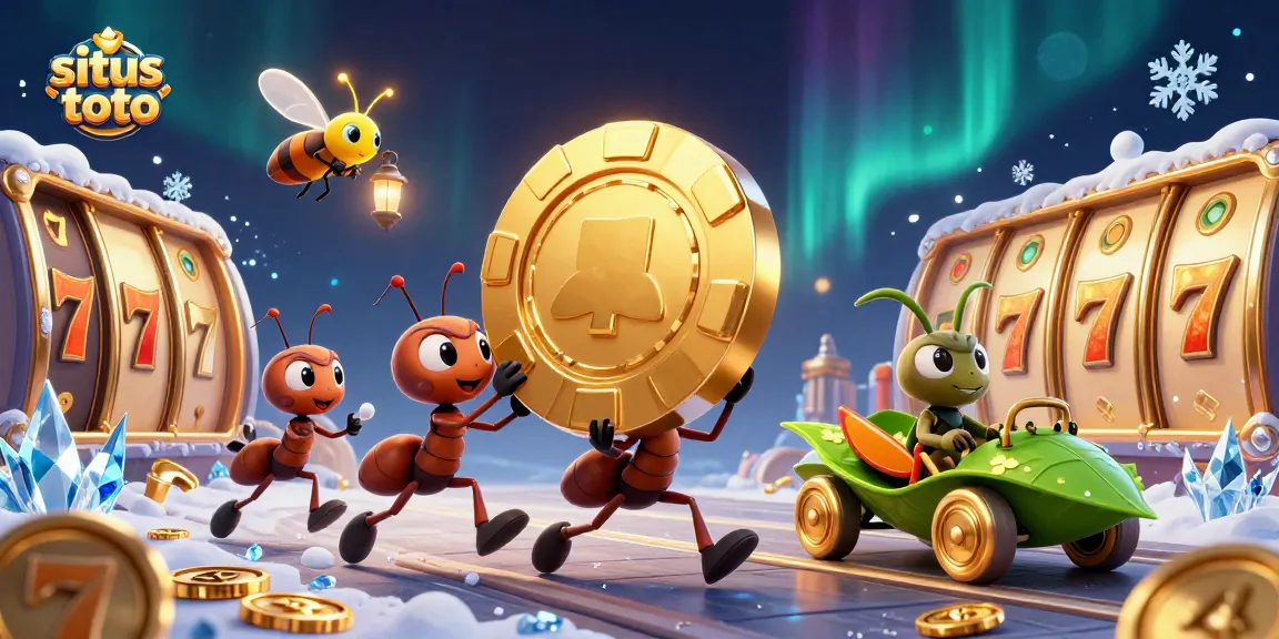 Engage with situs toto as ants carry a giant poker chip in a vibrant casino heist scene.
