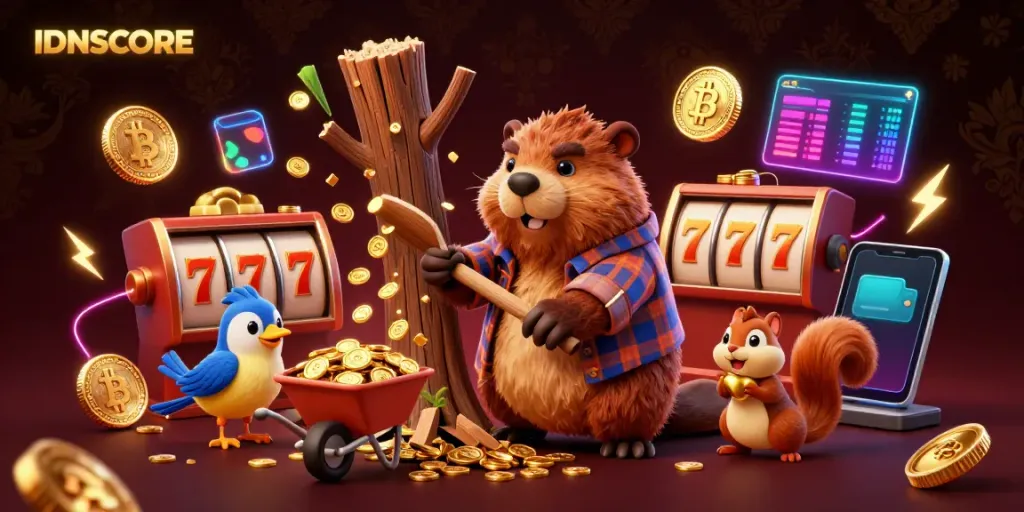 IDNSCORE's vibrant cartoon scene showcases a beaver delightfully chopping a tree that rains golden coins, surrounded by gambling elements.