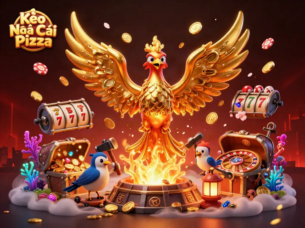 Experience exhilarating gaming at Kèo Nhà Cái Pizza with a dynamic 3D phoenix and casino elements.