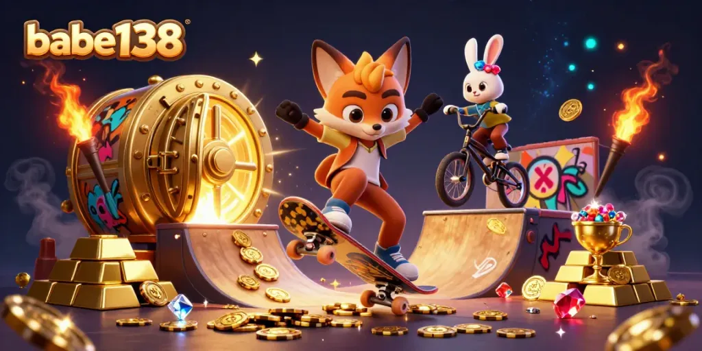 Babe138 menyajikan aksi memukau melalui ilustrasi penuh warna dengan karakter slot yang menarik dan simbol kasino, menciptakan kesan memikat.