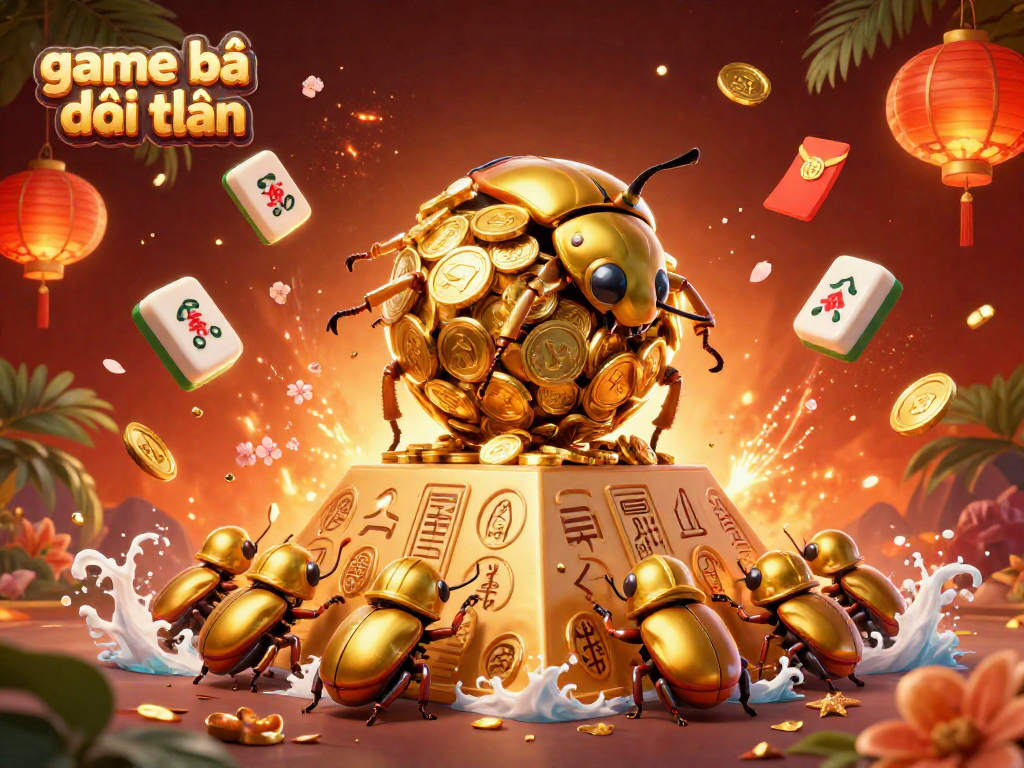 Engage in game bài đổi thưởng with vibrant casino illustrations, showcasing a golden beetle and dynamic symbols.