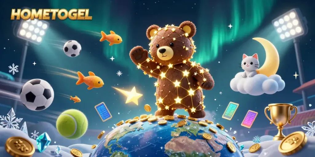 Experience thrilling wins with HOMETOGEL's vibrant casino scene featuring stars and sports elements.