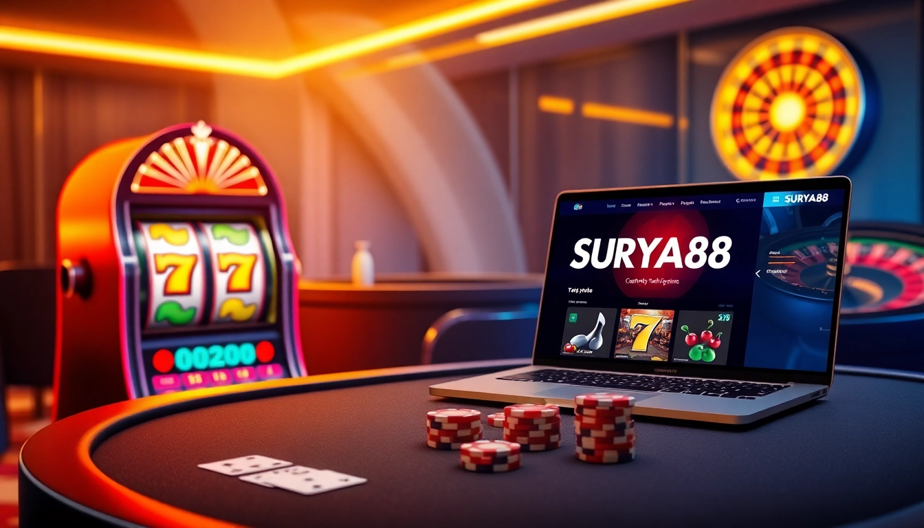 Rasakan sensasi bermain di SURYA88 dengan slot berwarna-warni dan chip poker yang bergaya.