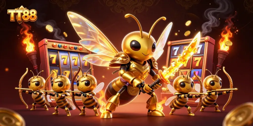 Engaging TT88 online casino experience with a cartoon golden hornet and slot games for immersive gameplay.