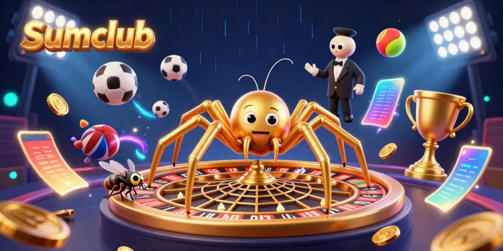 Engaging Sumclub illustration with a golden spider roulette wheel and dynamic sports elements.