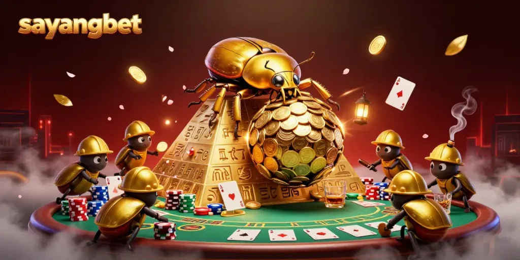 Engage with sayangbet's exciting 3D casino scene featuring golden beetles and poker elements.