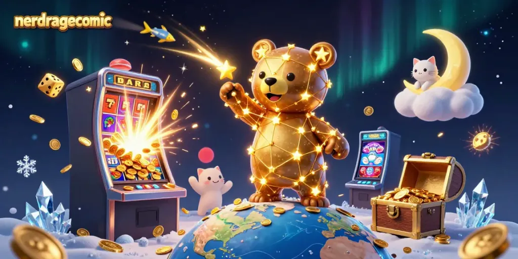 Gambar nerdragecomic menampilkan beruang bintang mengambil koin dari bumi di bawah mesin slot 3D yang megah.