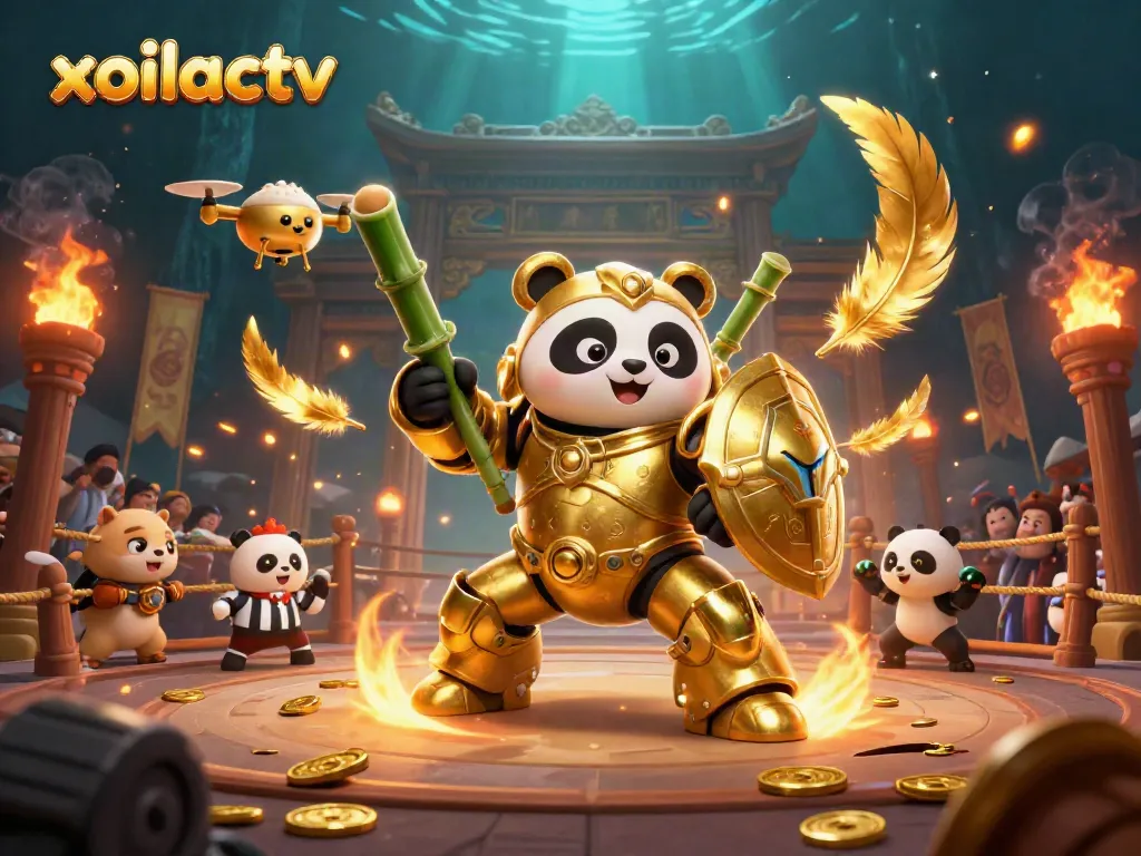 Experience the thrill of betting on xoilactv with a golden panda piloting a fighting robot in action.