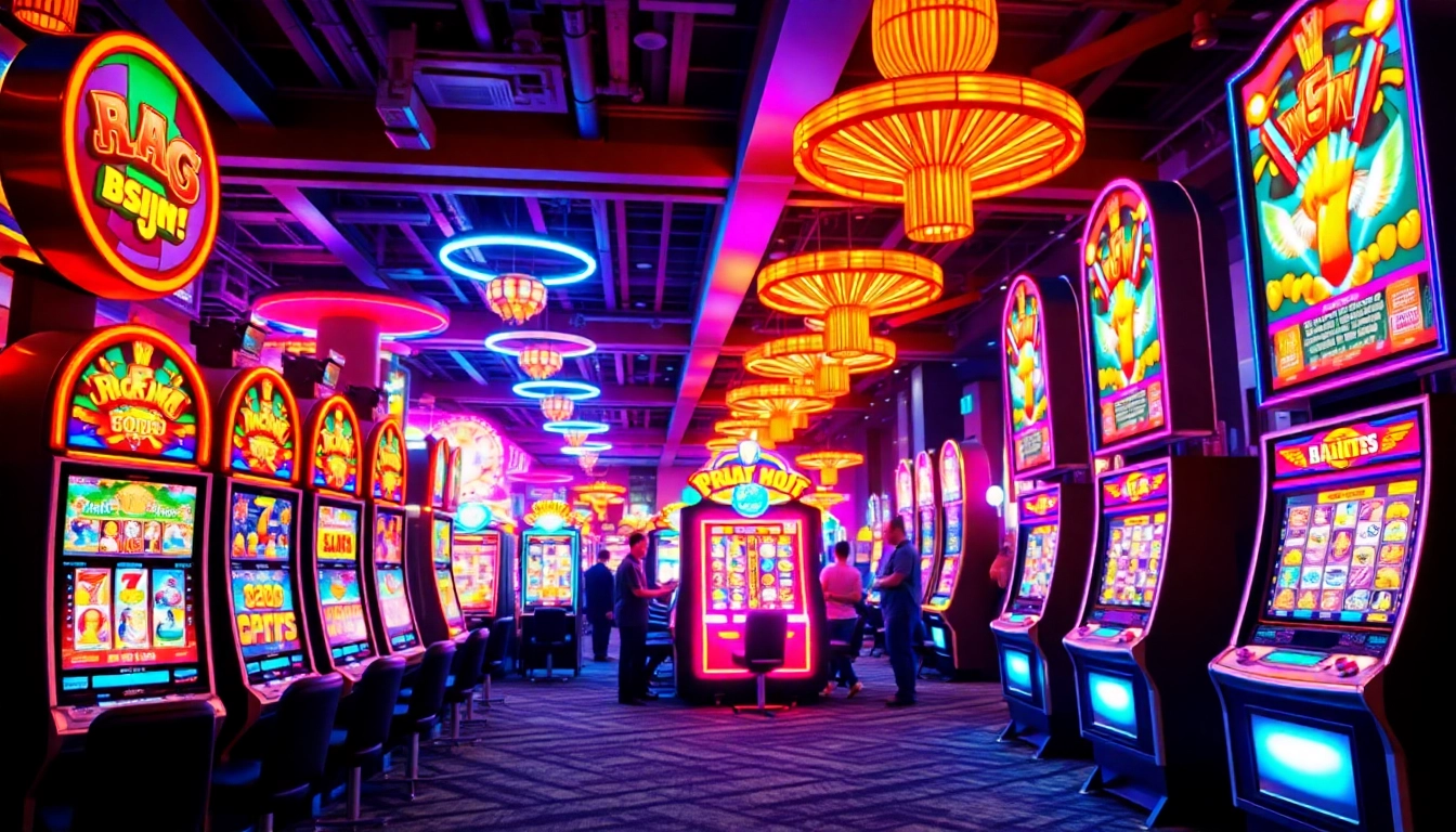 Menampilkan suasana situs slot gacor dengan mesin slot warna-warni dan pemain yang bersemangat.
