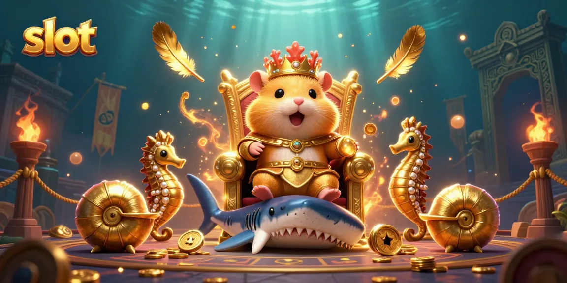 Spin slot reels with a golden hamster king and seahorse guards in a dynamic underwater casino scene.