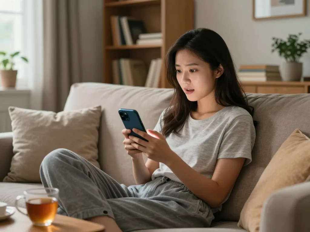 Interactive scene of ai sexting with a chatbot in a cozy living room