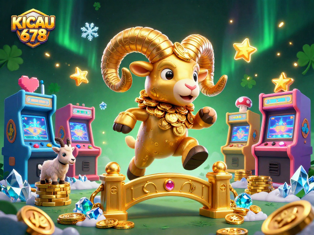 KICAU678 invites you to win big with a vibrant, thrilling casino adventure featuring a golden ram and colorful arcade elements.