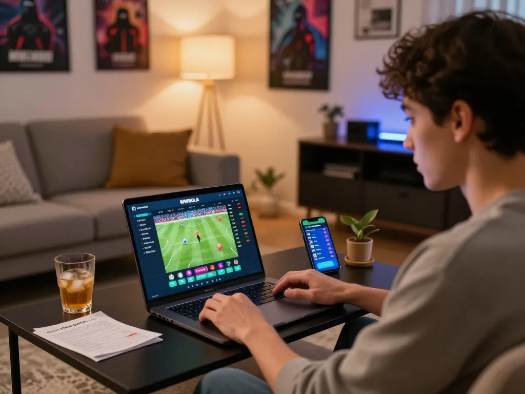 Player engaged in sports betting on WWBOLA platform at home, showcasing a cozy environment.
