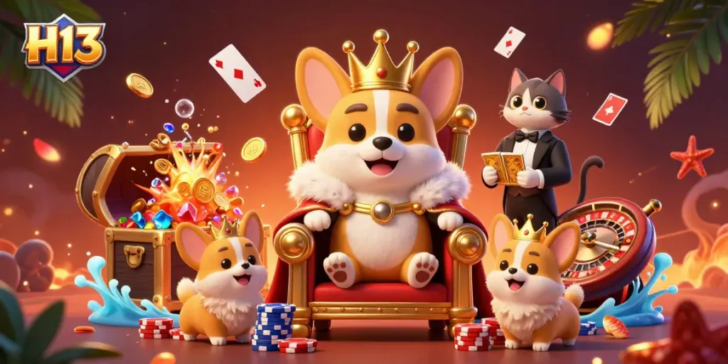 Engage in thrilling gameplay at H13 with a royal corgi on a throne of poker chips amidst vibrant casino elements.