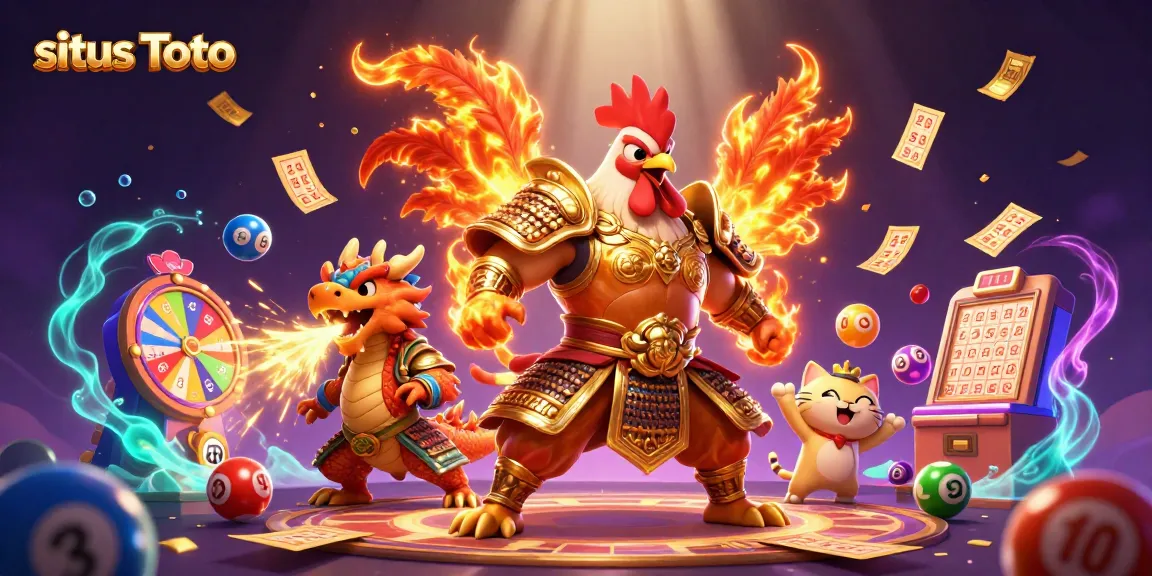 Engage with the situs Toto adventure featuring a rooster warrior and dragon surrounded by dynamic gambling elements.