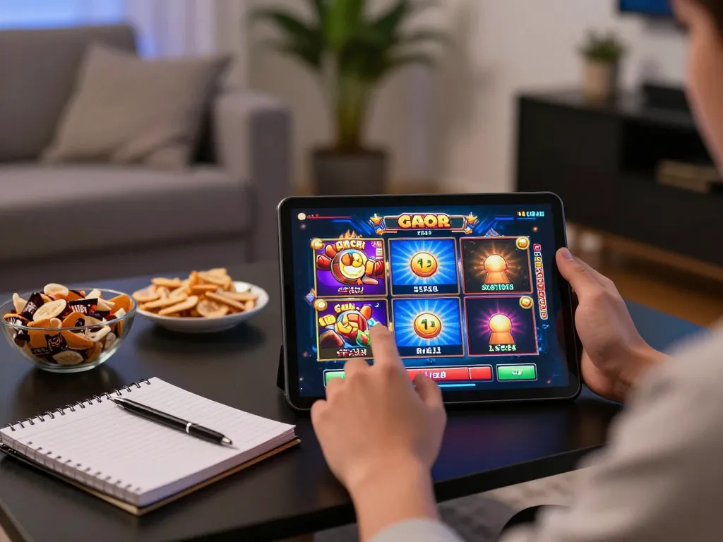 Engaging player enjoying Slot Gacor on tablet at home with snacks and strategy notes.
