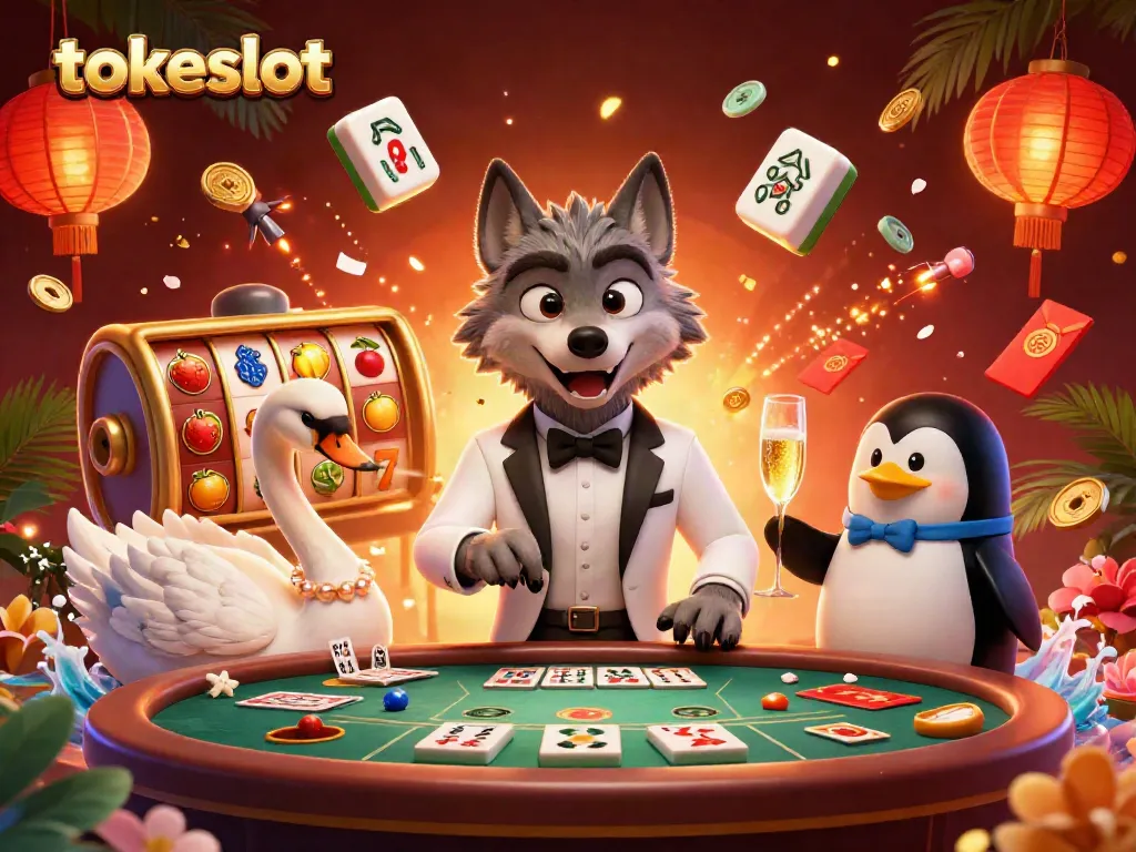 Spin and win with tokeslot in this vibrant 3D casino scene featuring games and characters.