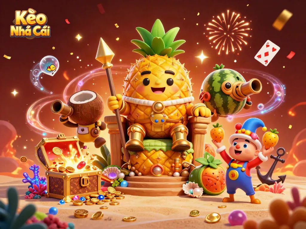Experience Kèo Nhà Cái with vibrant casino-themed 3D characters and dynamic elements on a beach.