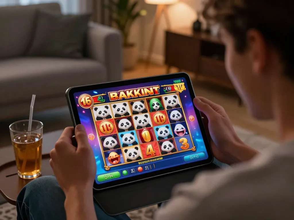 Perayaan kemenangan panda selama permainan slot online di pengaturan rumah yang nyaman