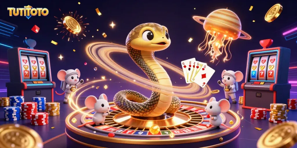 Experience TUTITOTO's thrilling cosmic casino adventure with immersive 3D characters and vibrant game elements.