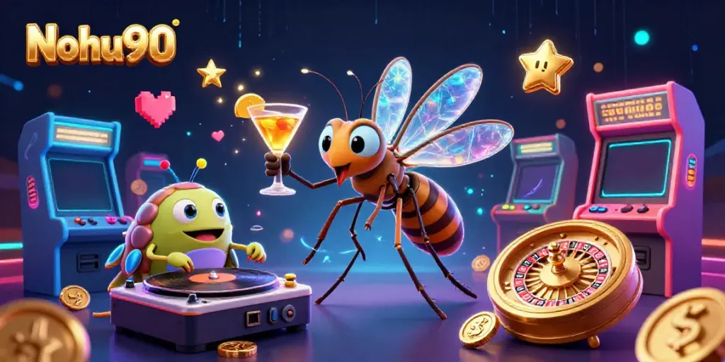 Nohu90 showcases a vibrant 3D casino scene with unique characters and dynamic game elements.