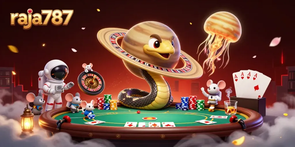Bermain di raja787 dengan simbol slot dan kasino yang menarik di latar yang memukau