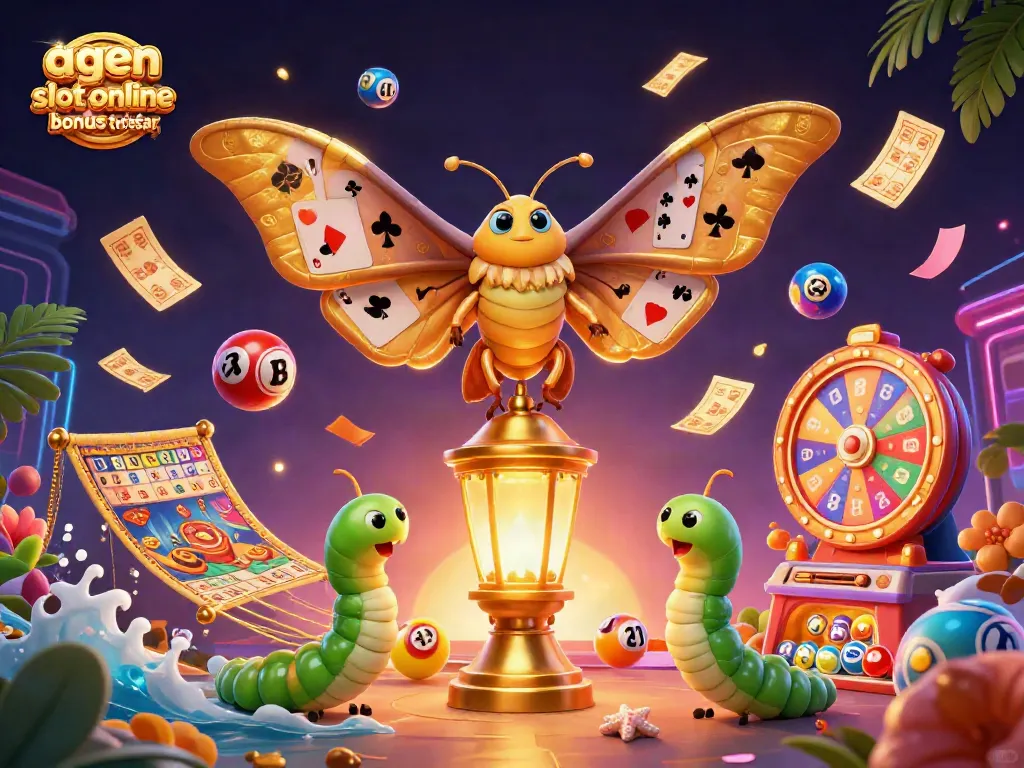 Engage with agen slot online bonus terbesar in a vibrant 3D casino scene featuring lucky symbols and characters.