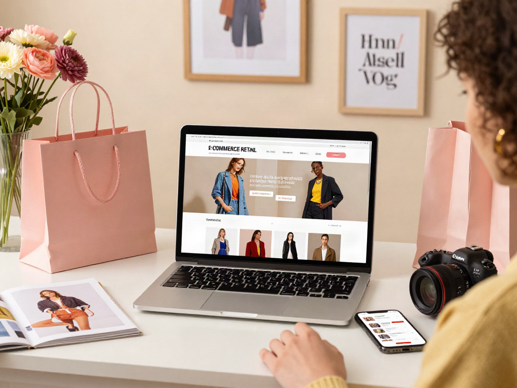 Fashion enthusiast exploring online retail trends with bro138 accessories, stylish workspace ambiance.