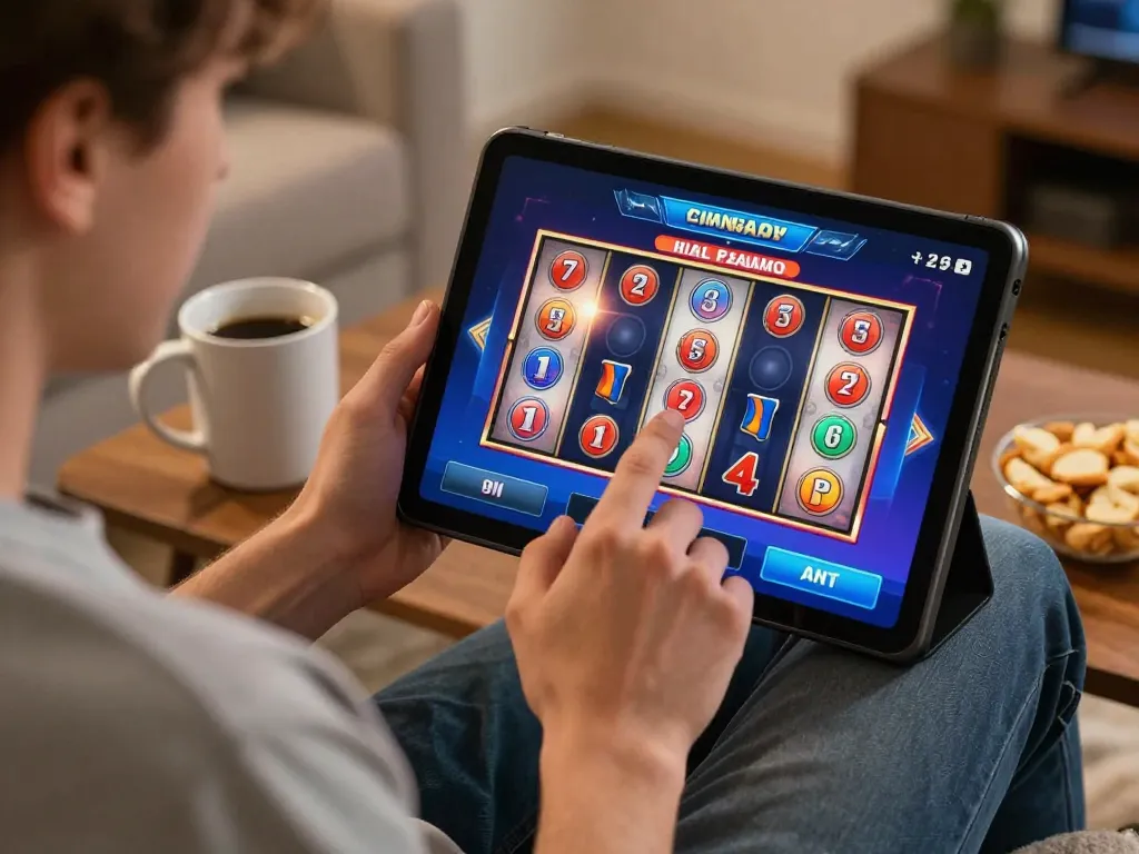 Engaged player enjoying NEGO77 slot games on a tablet, illustrating vibrant online gaming.