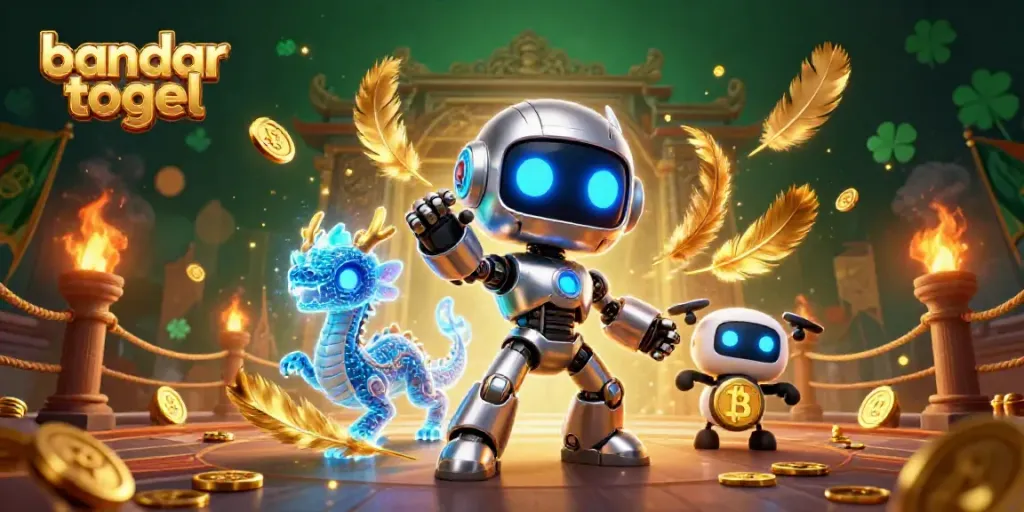 Gambarkan bandar togel dengan karakter robot dan naga holografik di arena bertema yang dinamis.