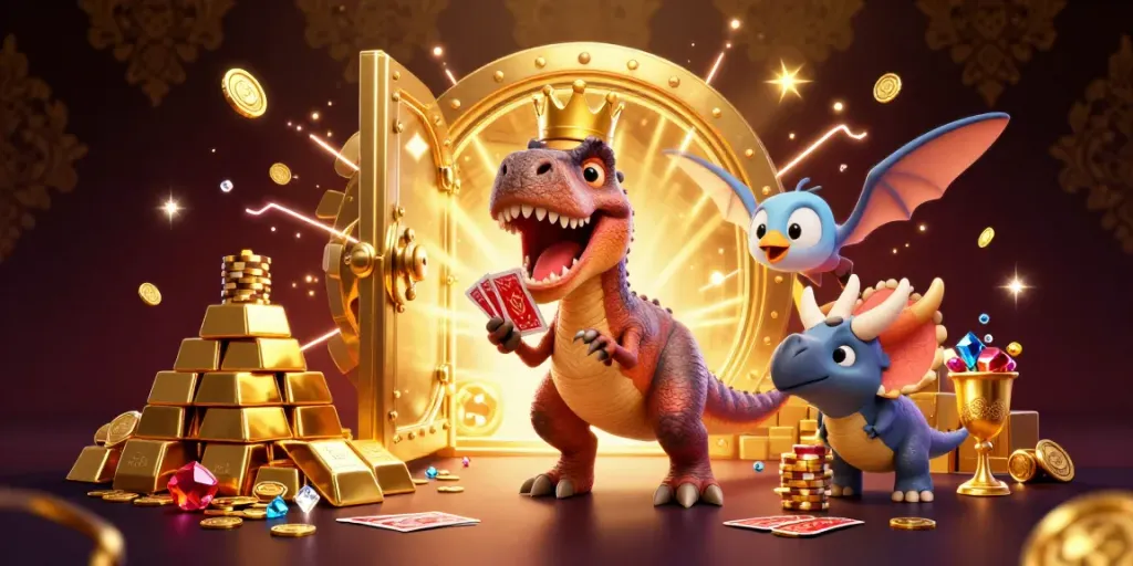 Experience thrilling gameplay with JONITOGEL's 3D cartoon characters amidst dazzling treasure.