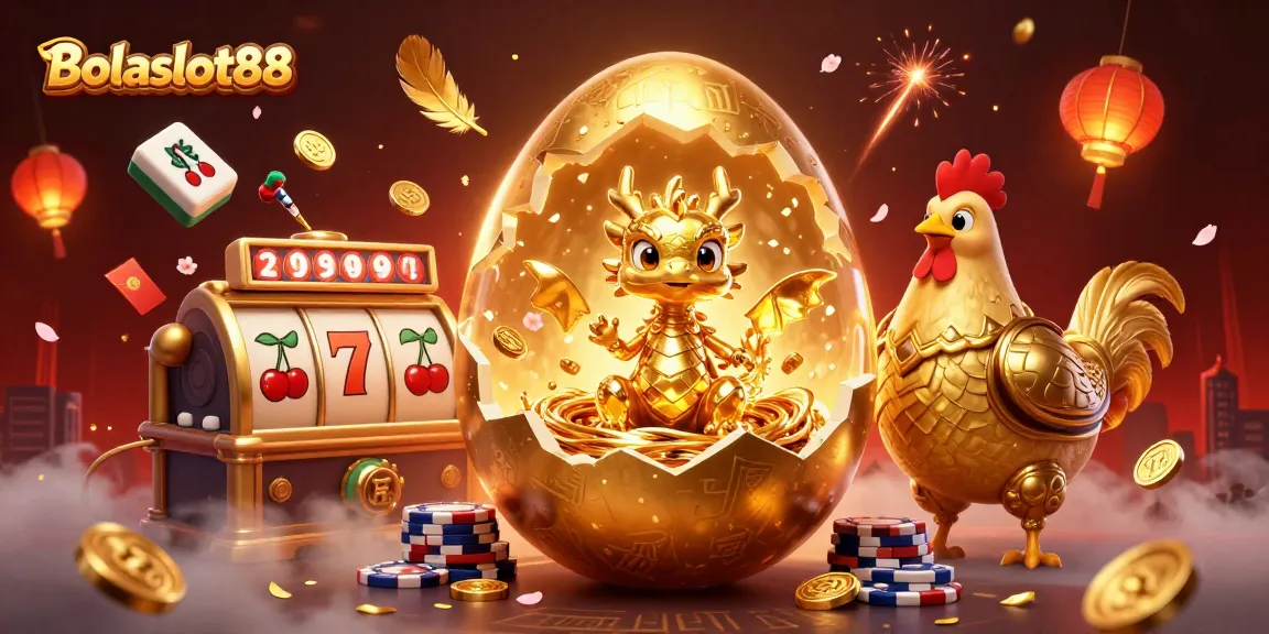 Bolaslot88's vibrant 3D illustration showcases a golden dragon with slot reels, representing thrilling gaming adventures.
