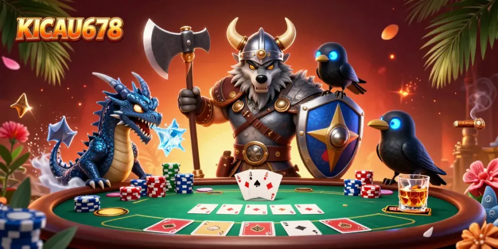 KICAU678 engages players in thrilling online gaming with a 3D Viking warrior, fiery dragon, and poker action.