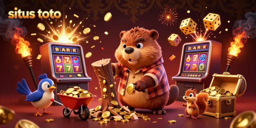 Experience situs toto excitement with cartoon beaver and friends in a vibrant casino scene.