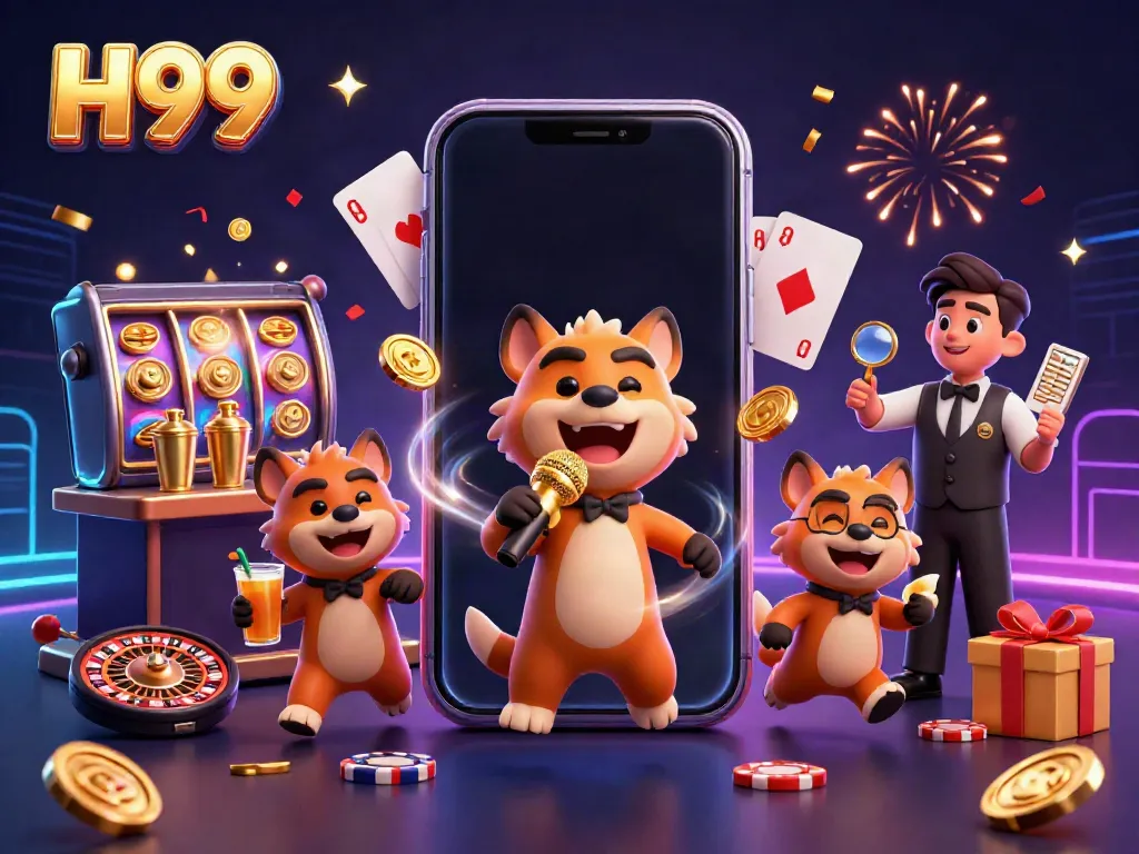 Engage with the vibrant H99 casino club scene featuring hyenas celebrating gaming with slot reels and coins.