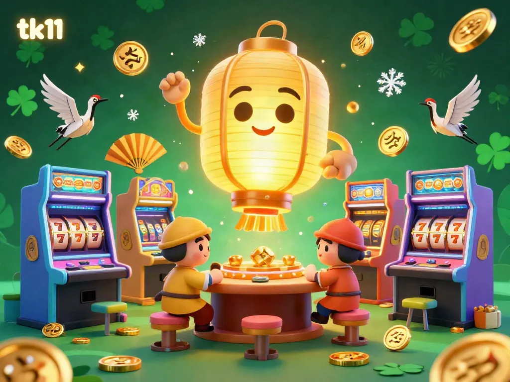 tk11 online casino scene with a golden lantern spirit and lively gaming elements.
