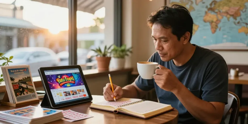 Pemain lotere Ratu Togel di kafe, menganalisis tiket undian dan tablet, suasana santai.