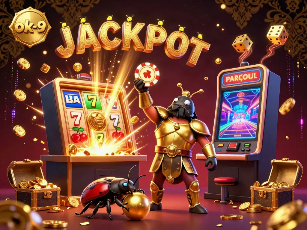 Experience the excitement of ok-9 with a victorious beetle lifting a poker chip in a lively casino scene.