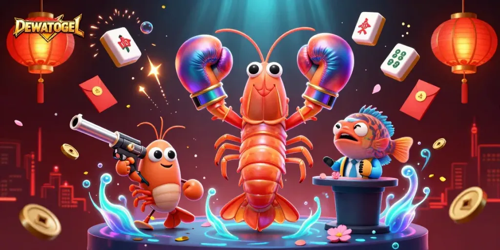 Dewatogel brings excitement with a vibrant 3D scene featuring animated characters and dynamic gambling elements.