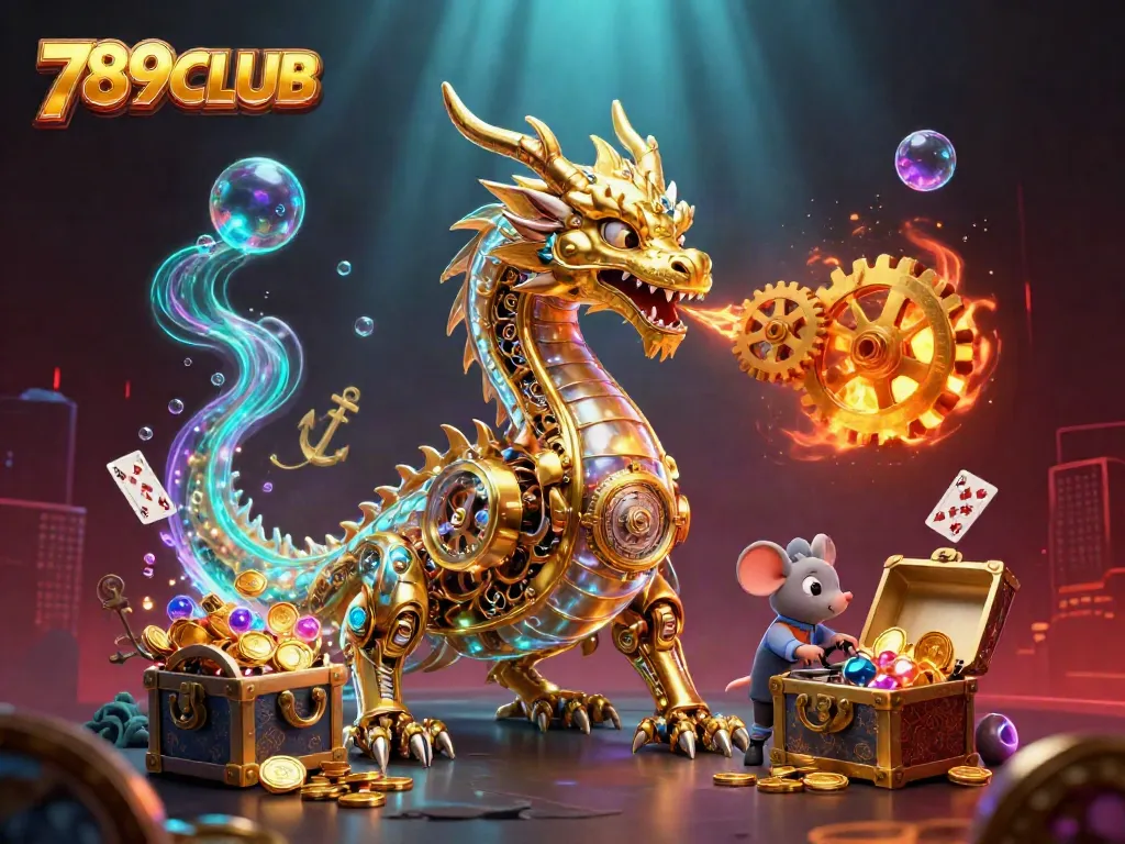 Experience thrilling gameplay at 789CLUB with a dynamic scene featuring a golden dragon and treasure.