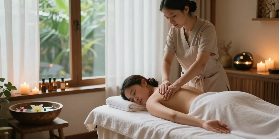Spa massage therapy session highlighting 화성출장안마 in a serene environment with candles and greenery.