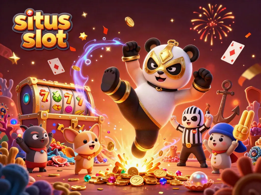 Menangkan jackpot besar di situs slot dengan panda gulat terbang dan penonton meriah.