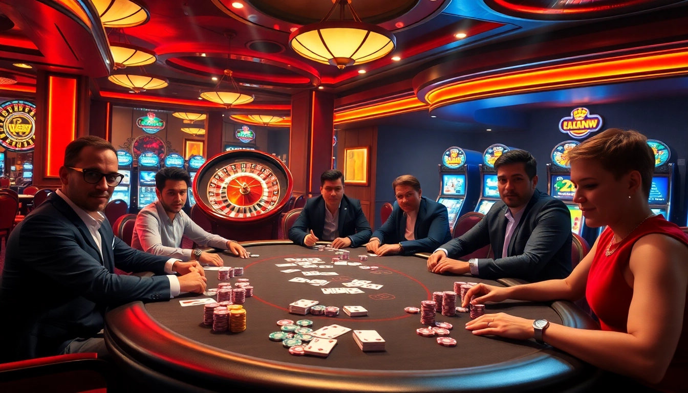 Players at a high-stakes poker table enjoying the excitement of games at https://78winn.co/ with vibrant casino elements.
