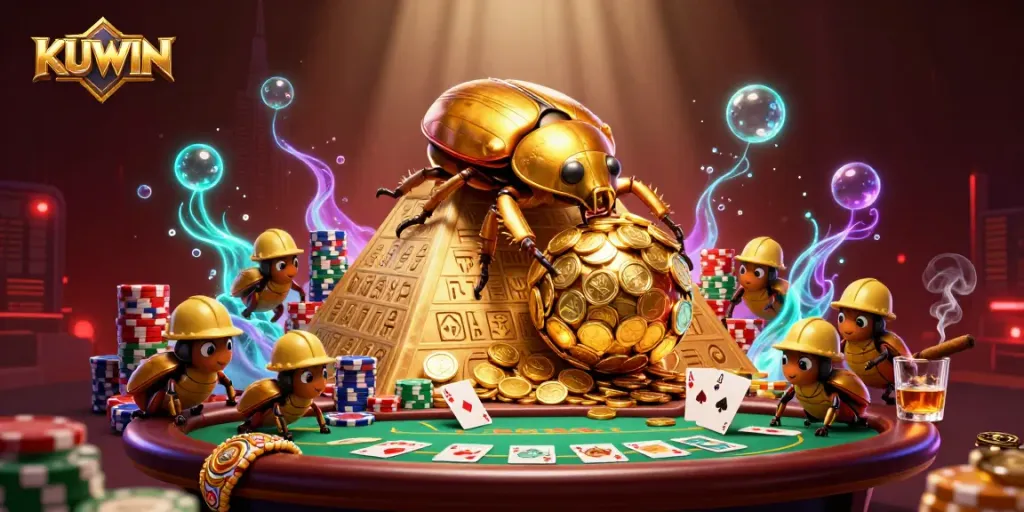 KUWIN showcases a golden beetle rolling coins with poker games and vibrant casino elements.