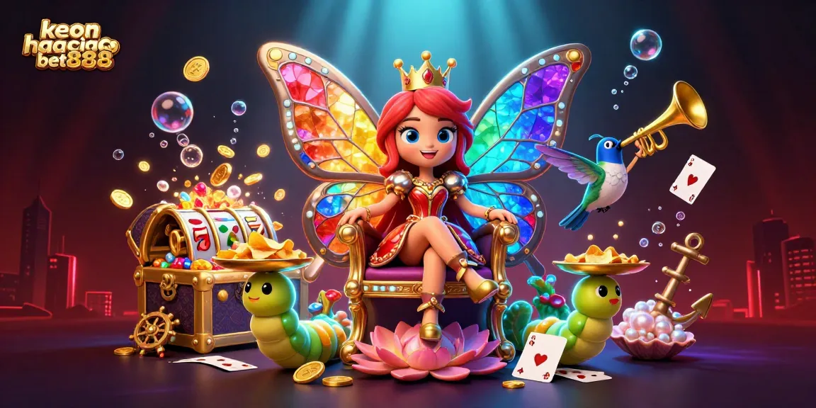 Experience the vibrant gaming world of keonhacaibet888 with a dazzling butterfly queen and casino elements.