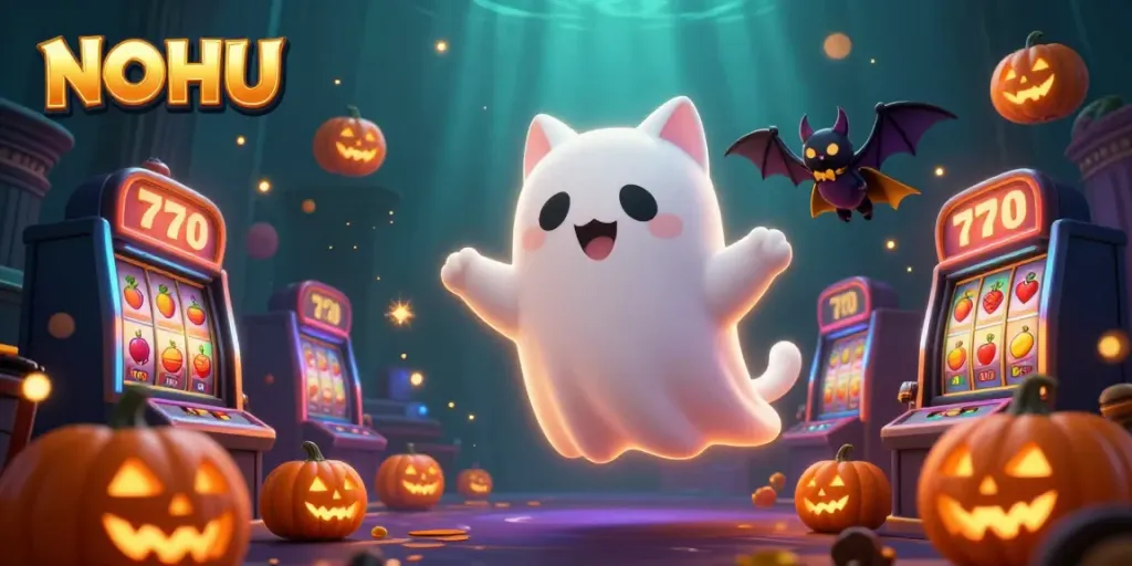 Experience NOHU's thrilling gaming world with a floating ghost cat and a vampire bat in this vibrant casino scene.
